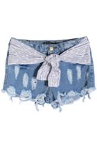 Romwe Distressed Striped Self-tie Denim Shorts