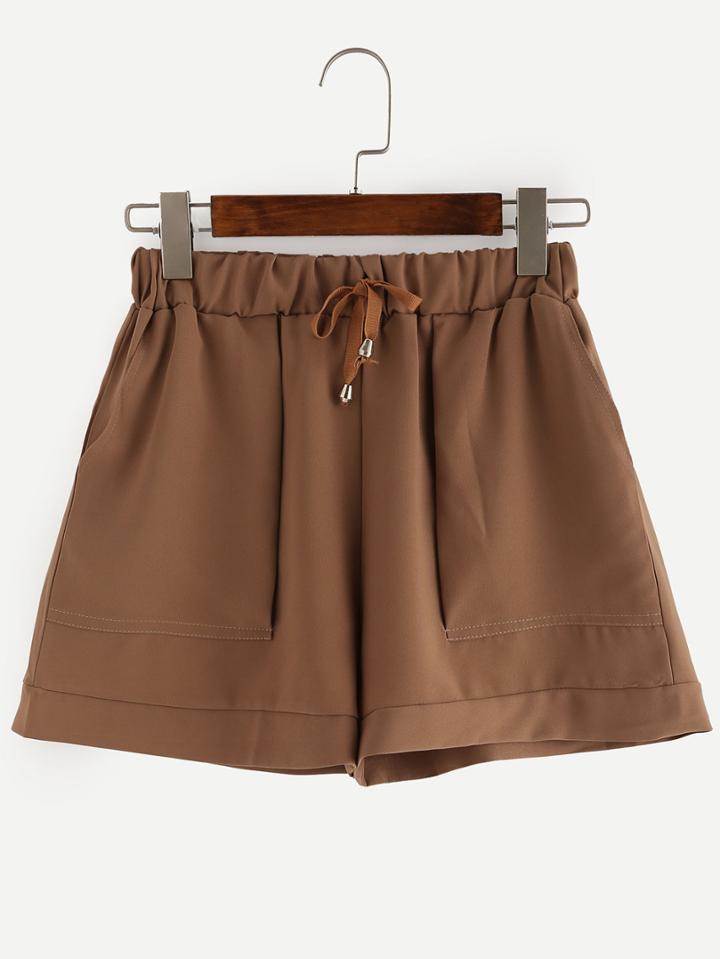 Romwe Drawstring Waist Wide Leg Shorts - Brown