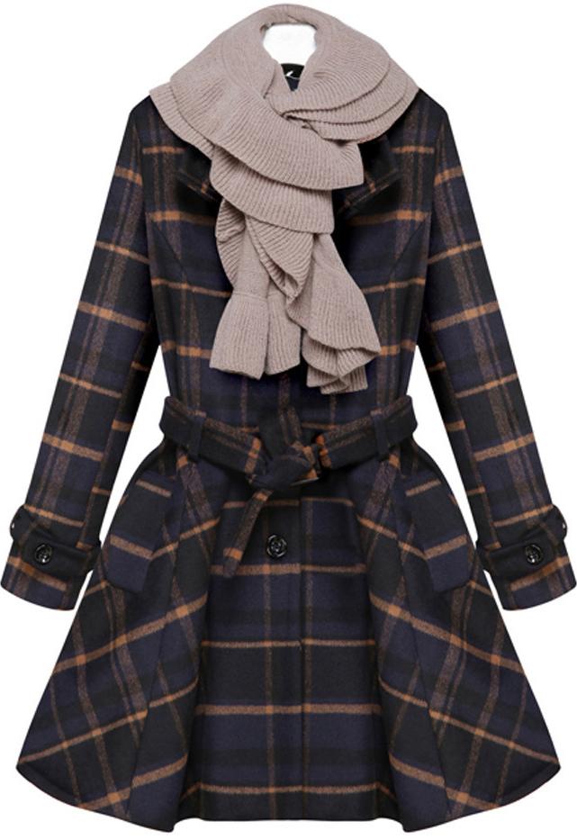 Romwe Check Print Belted Flare Coat