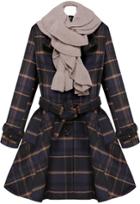 Romwe Check Print Belted Flare Coat
