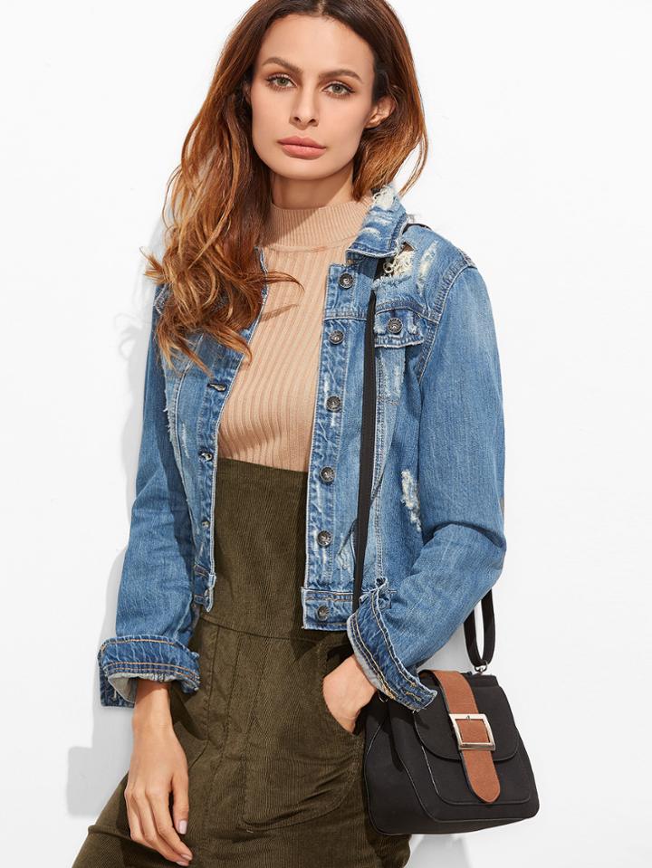 Romwe Black Buckled Strap Pocket Front Shoulder Bag