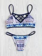 Romwe Tie Dye Print Caged Bikini Set