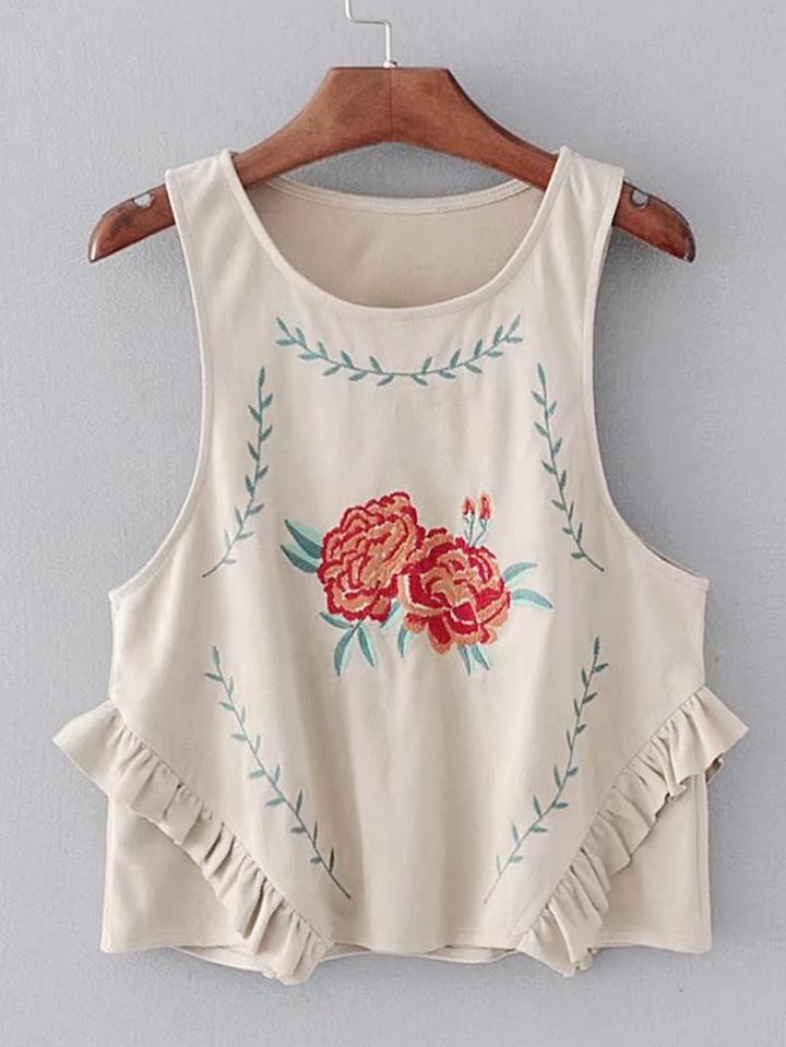 Romwe Frill Trim Embroidery Suede Top