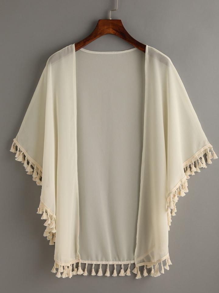 Romwe Apricot Tassel Trimmed Chiffon Top