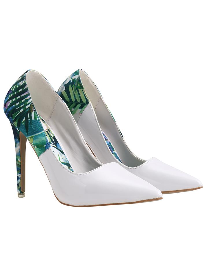 Romwe White High Heel Leaves Print Pumps