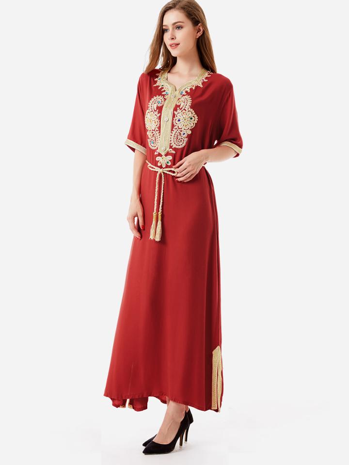 Romwe Contrast Trim Rhinestone Appliques Hijab Dress