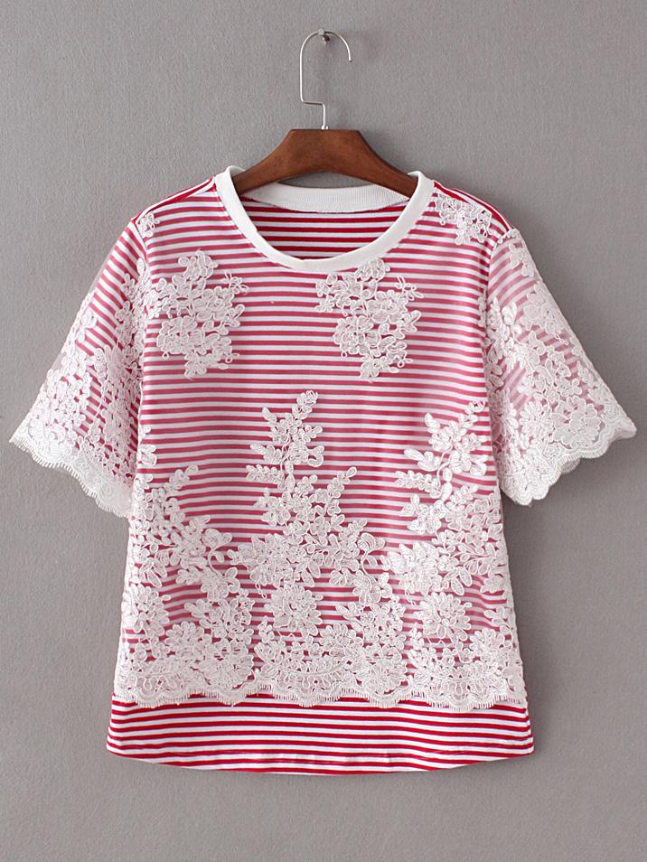 Romwe Red Short Sleeve Lace Crochet Splicing Stripe T-shirt