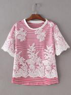 Romwe Red Short Sleeve Lace Crochet Splicing Stripe T-shirt