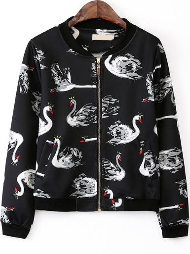 Romwe With Zipper Swan Print Black Jacket