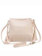 Romwe Faux Leather Tassel Trimmed Shoulder Bag - White