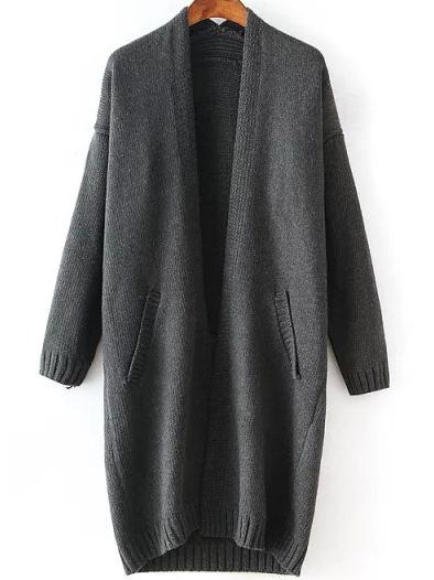 Romwe Dark Grey Long Sleeve Pockets Knit Loose Cardigan