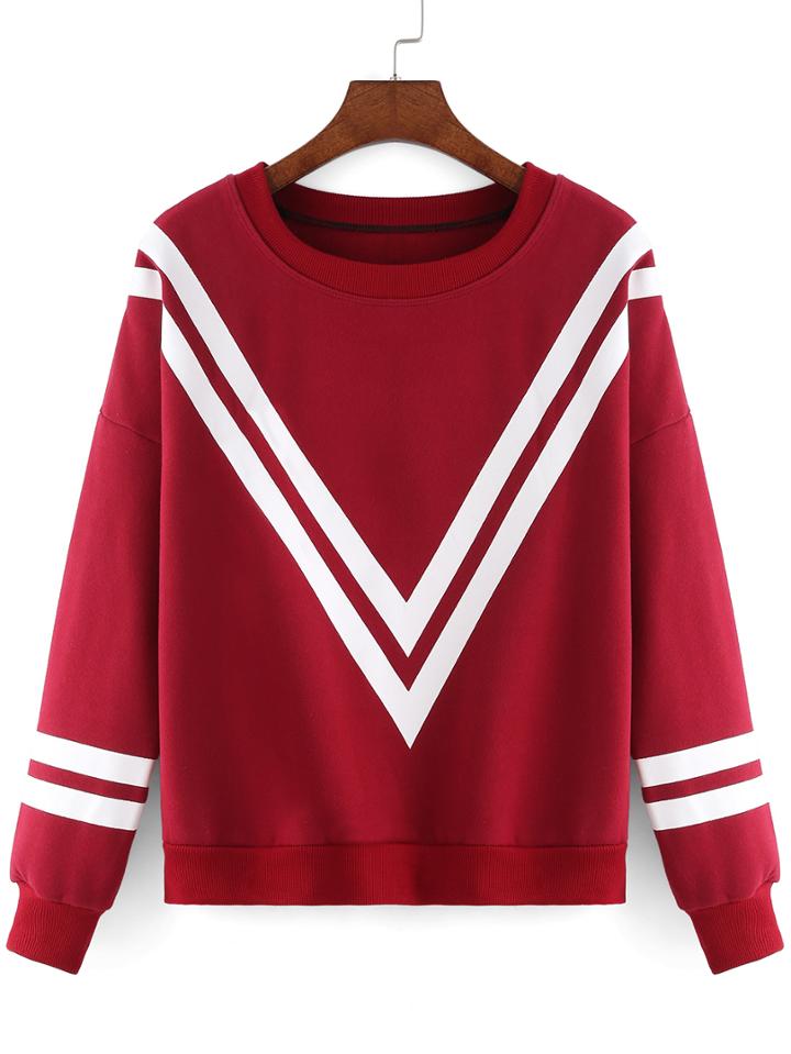 Romwe Women Striped Loose Maroon Sweatshirt