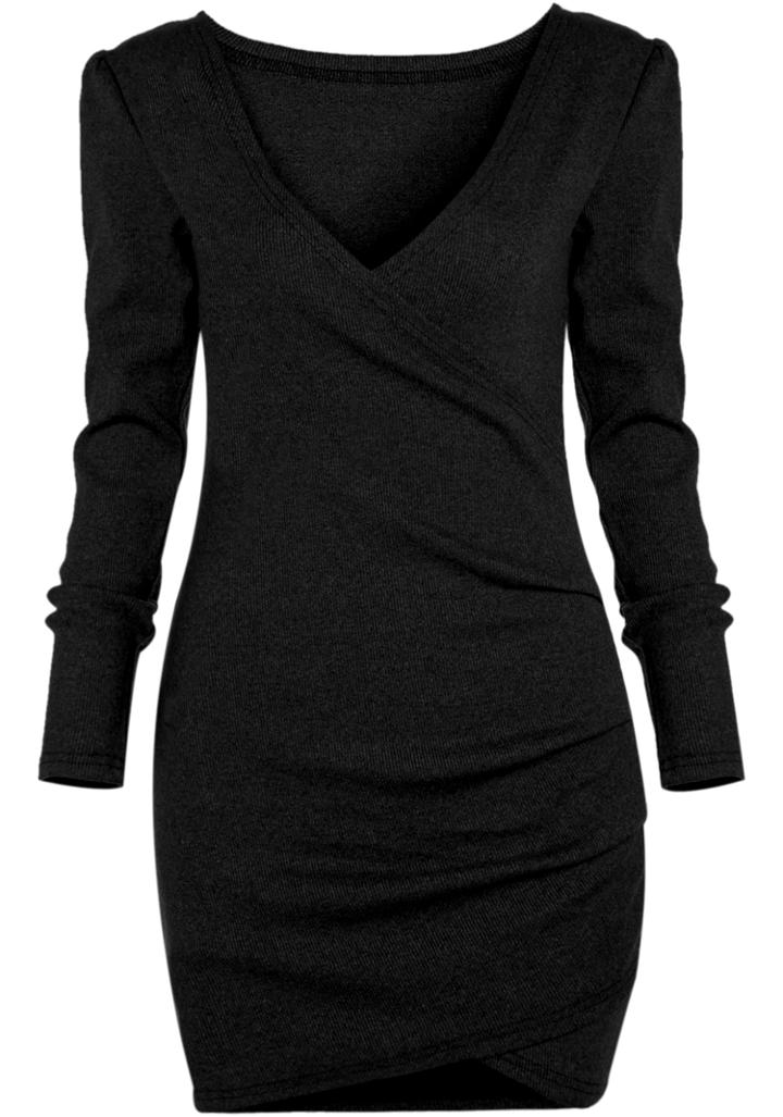 Romwe Black Deep V Neck Long Sleeve Bodycon Dress