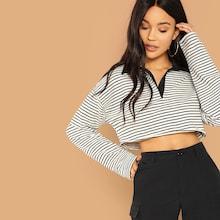 Romwe V-cut Neck Stripe Crop Pullover