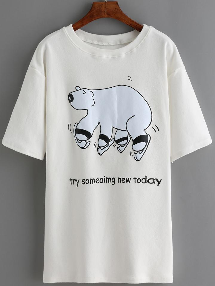 Romwe Bear Print White T-shirt