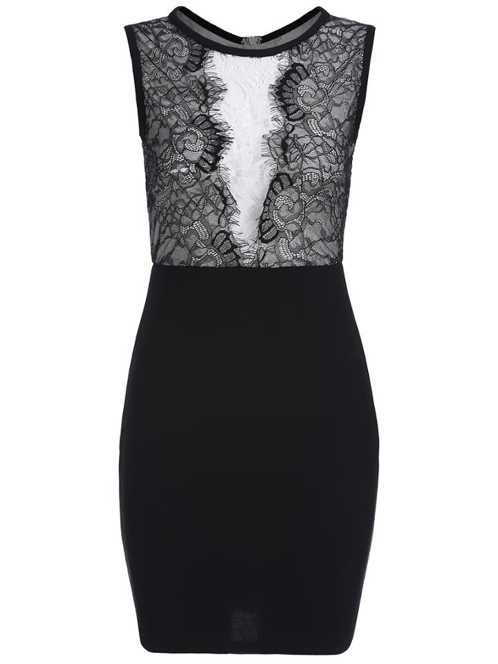 Romwe Sleeveless Lace Paneled Bodycon Dress