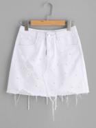 Romwe Raw Hem Pearl Beading Shredded Denim Skirt