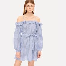 Romwe Cold Shoulder Ruffle Belted Striped Dress