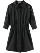 Romwe Lapel Lace Insert Shirt Black Dress