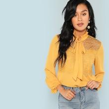 Romwe Tie Neck Lace Contrast Solid Top