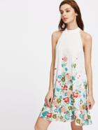 Romwe Floral Print Buttoned Keyhole Halter Neck Dress