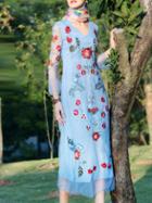 Romwe Blue V Neck Embroidered Gauze Midi Dress