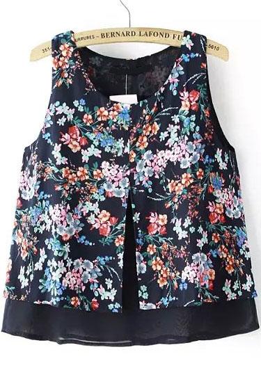 Romwe Florals Split Black Tank Top
