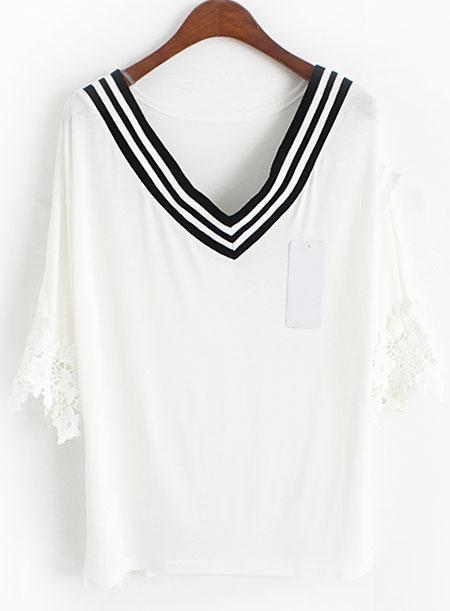 Romwe Contrast Striped V Neck Lace Top