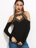 Romwe Black Halter Cut Out Front Studded T-shirt