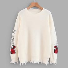 Romwe Frayed Hem Embroidery Jumper