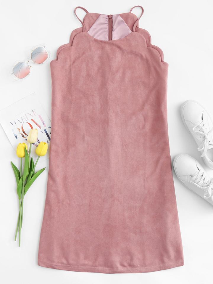 Romwe Suede Scallop Trim Cami Dress