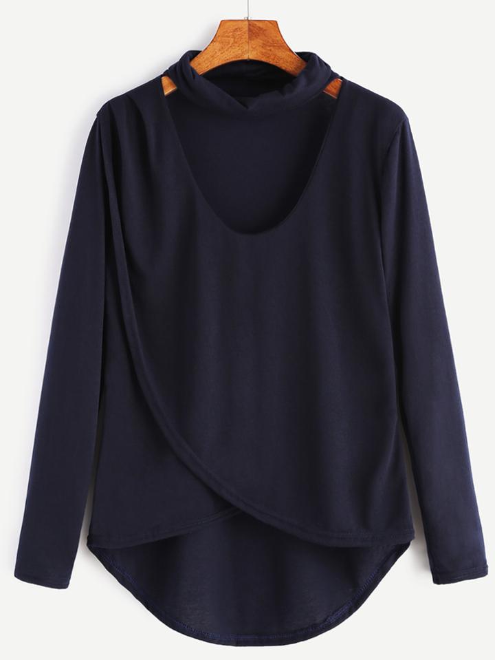 Romwe Navy Dip Hem Choker Neck Wrap Front T-shirt