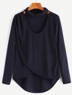 Romwe Navy Dip Hem Choker Neck Wrap Front T-shirt