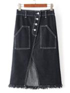 Romwe Black Button Cutout Front Raw-edge Hem Skirt
