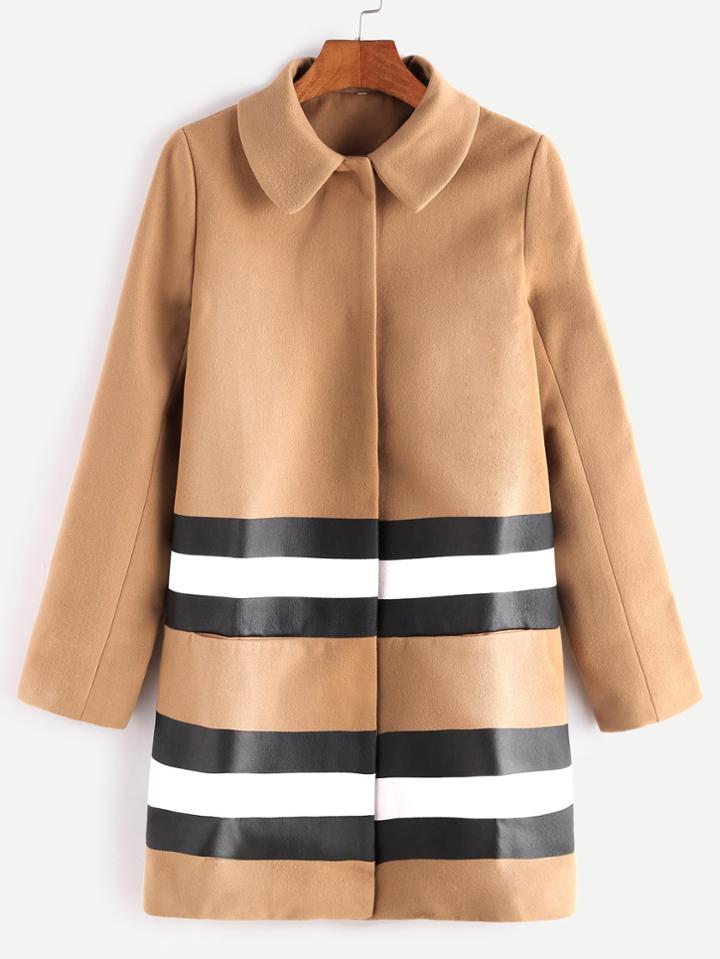 Romwe Camel Hidden Button Striped Mixed Media Coat