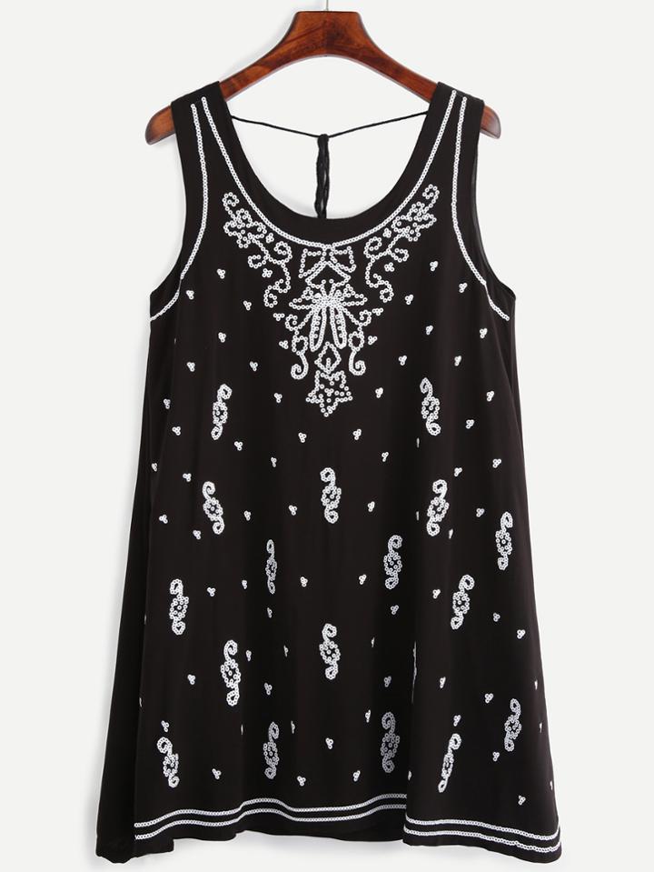 Romwe Sequins Embedded Lace Up Black Tank Dress