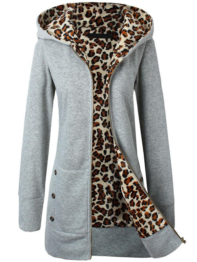 Romwe Grey Hooded Leopard Lined Sweatshirt