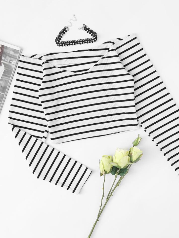 Romwe Off Shoulder Striped Ribbed Tee