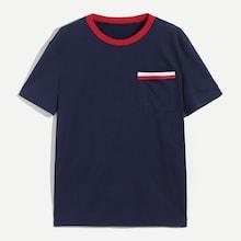 Romwe Men Contrast Neck Striped Pocket Front T-shirt
