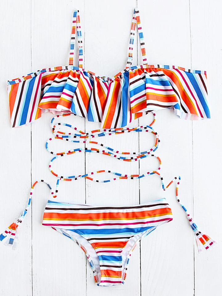 Romwe Multicolor Striped Ruffle Detail Strappy Bikini Set