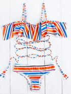 Romwe Multicolor Striped Ruffle Detail Strappy Bikini Set