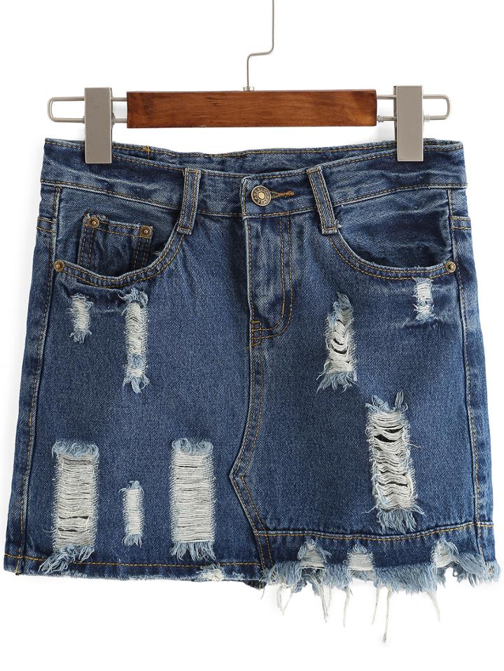 Romwe Ripped Frayed Denim Blue Skirt
