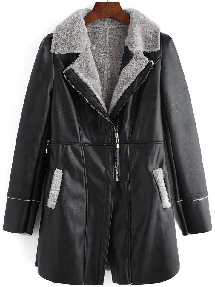 Romwe Women Lapel Zipper Long Grey Coat