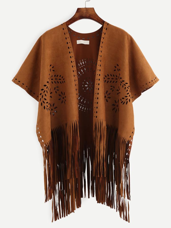 Romwe Brown Eyelet Fringe Hem Suede Top