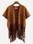 Romwe Brown Eyelet Fringe Hem Suede Top