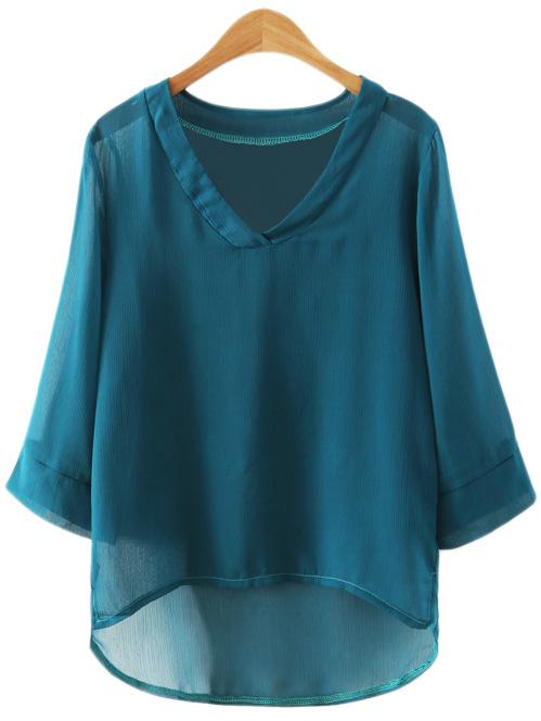 Romwe Green Long Sleeve V Neck Dip Hem Chiffon Blouse