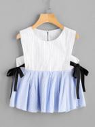 Romwe Pinstriped Top With Ribbon Bow Tie Detail