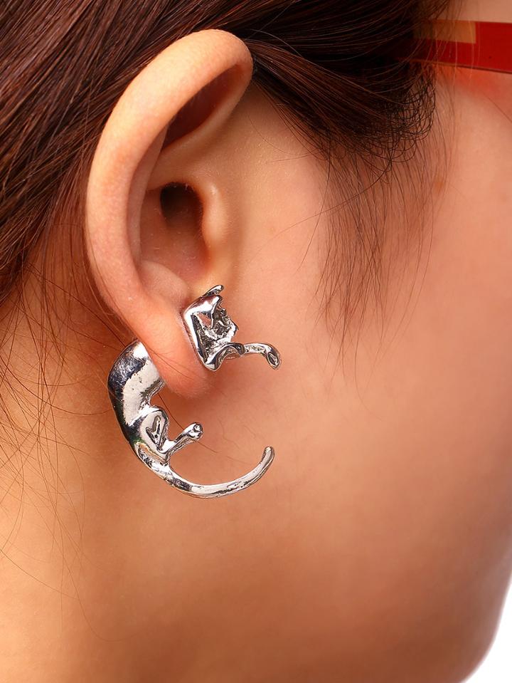 Romwe Sliver Punk Style Cat Earring