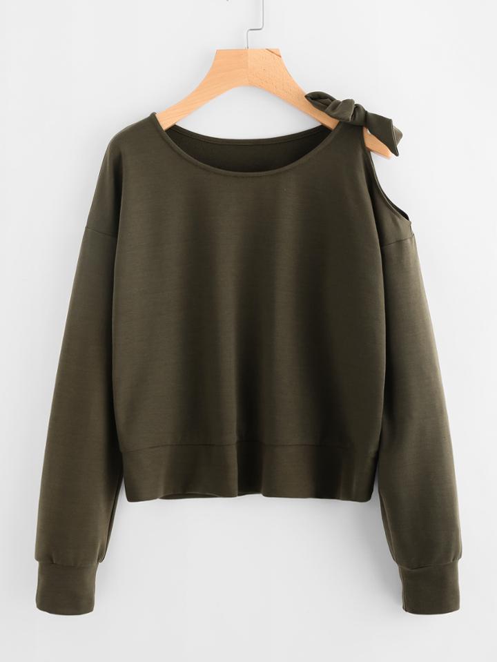 Romwe Open Shoulder Bow Tie Shoulder Sweatshirt