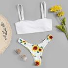Romwe Spaghetti Strap Top With Floral Print  Bikini Set